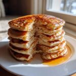 A tall stack of fluffy sourdough discard pancakes drizzled with syrup, with a piece taken out to show the texture.