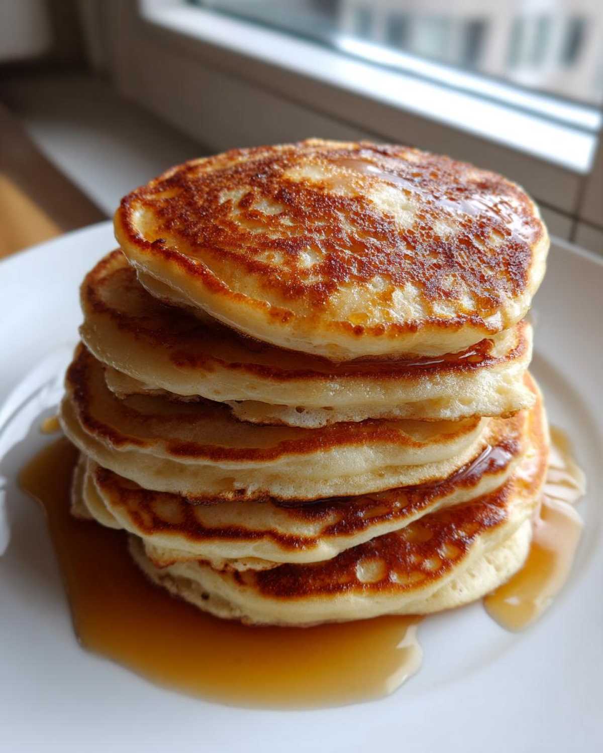 A tall stack of fluffy sourdough discard pancakes drizzled generously with maple syrup on a white plate.