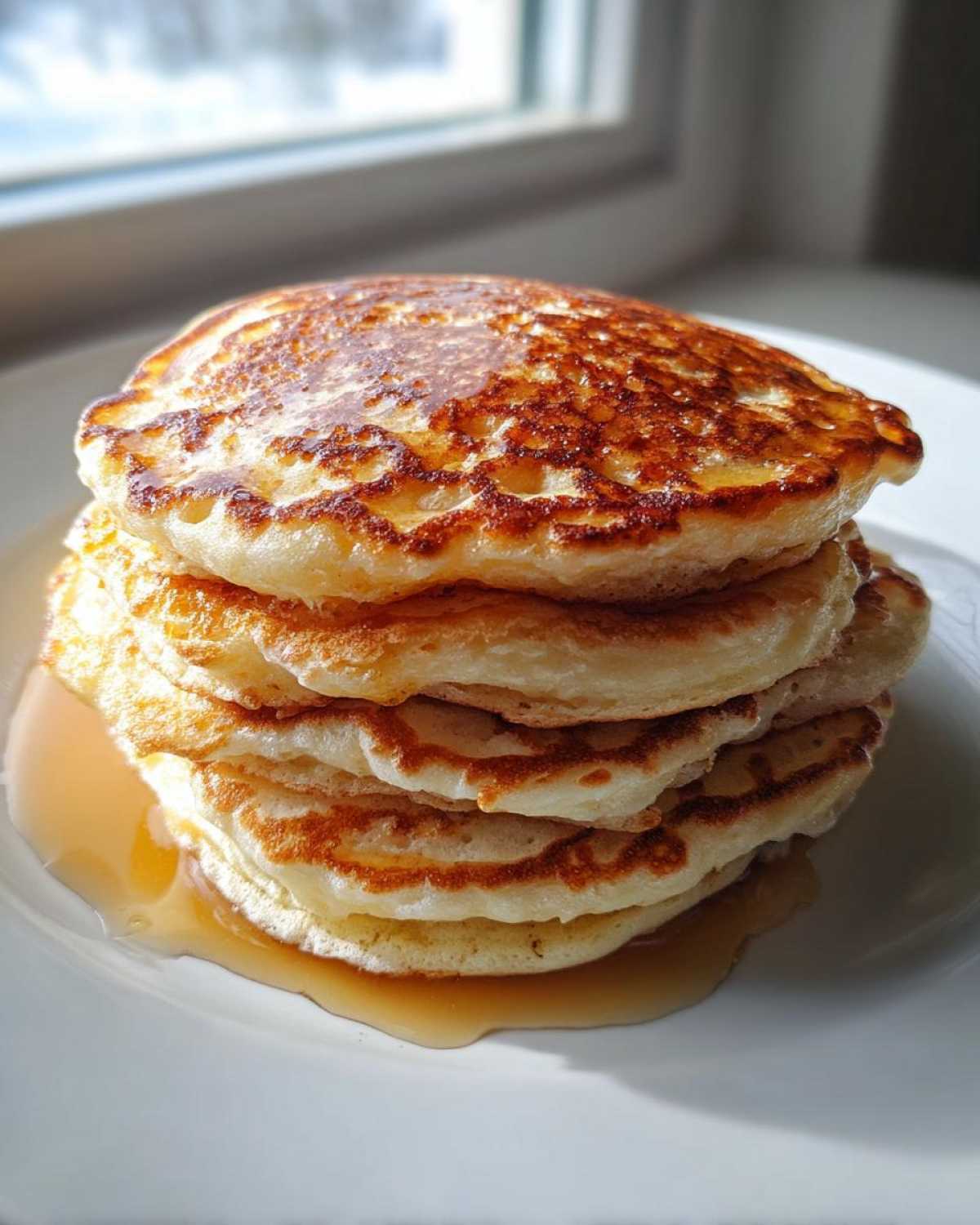 A tall stack of fluffy sourdough discard pancakes drizzled with syrup on a white plate.