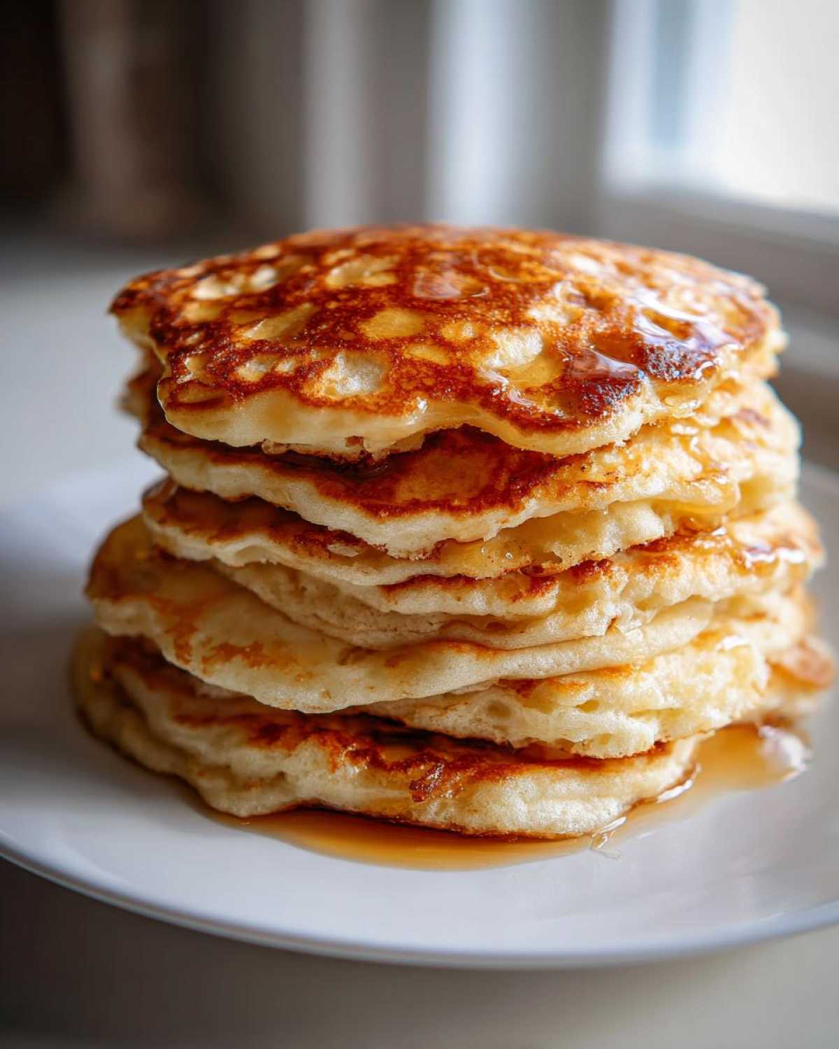 A tall stack of fluffy sourdough discard pancakes drizzled generously with golden syrup on a white plate.