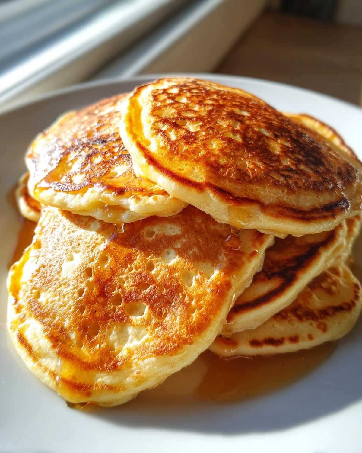 A close-up stack of fluffy sourdough discard pancakes drizzled with syrup on a white plate.