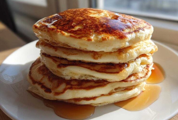 A tall stack of four fluffy sourdough discard pancakes drizzled generously with maple syrup on a white plate.