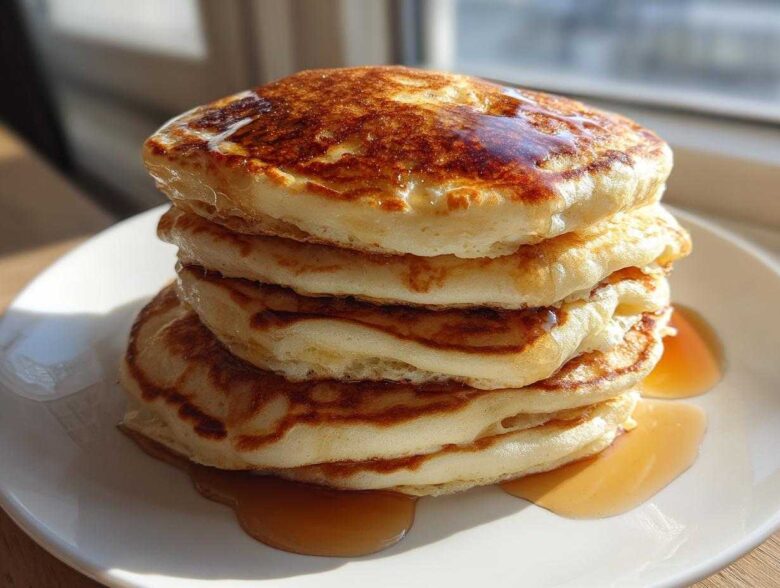 A tall stack of four fluffy sourdough discard pancakes drizzled generously with maple syrup on a white plate.