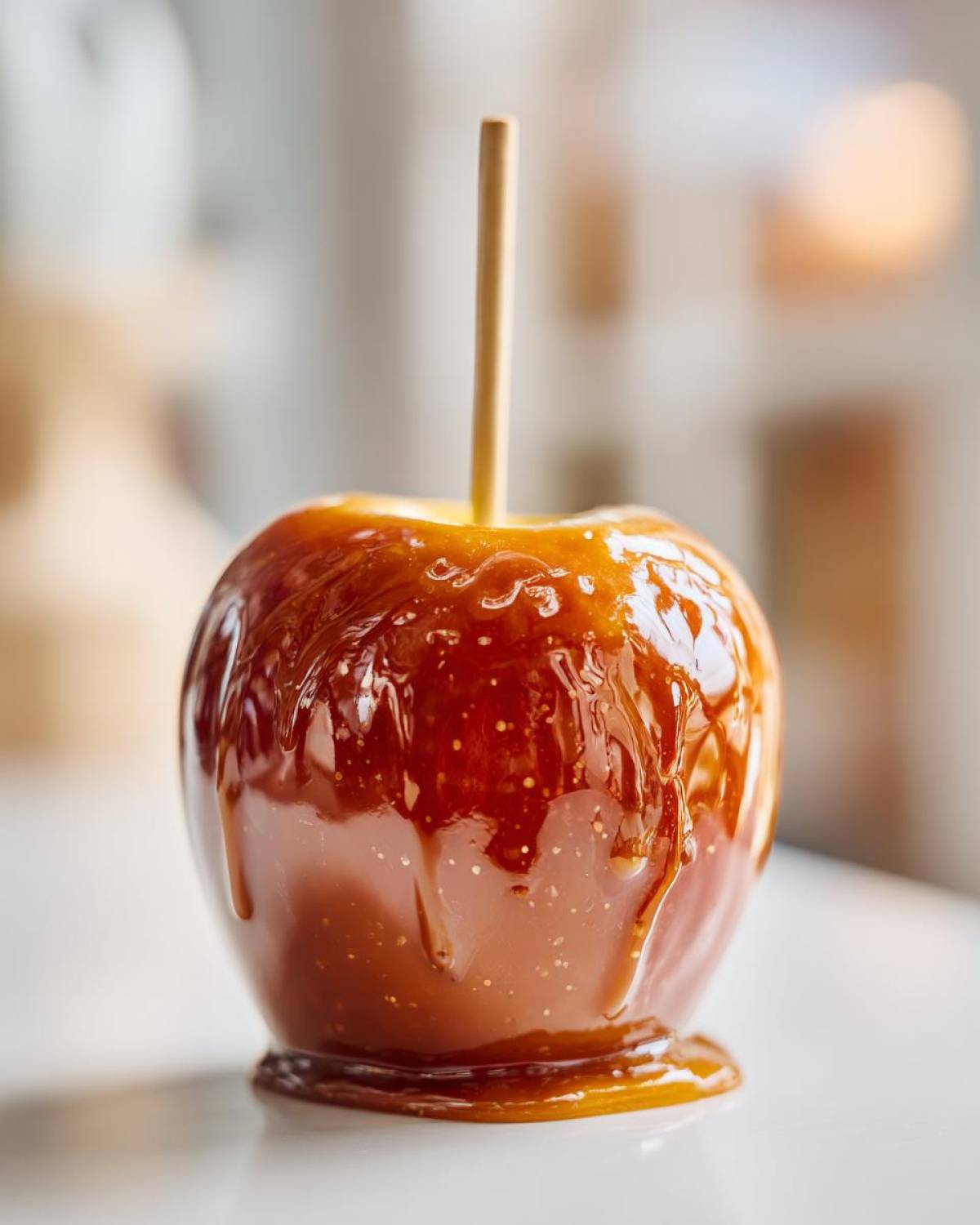 Close-up of a single, glossy caramel apple on a white surface with a wooden stick inserted.