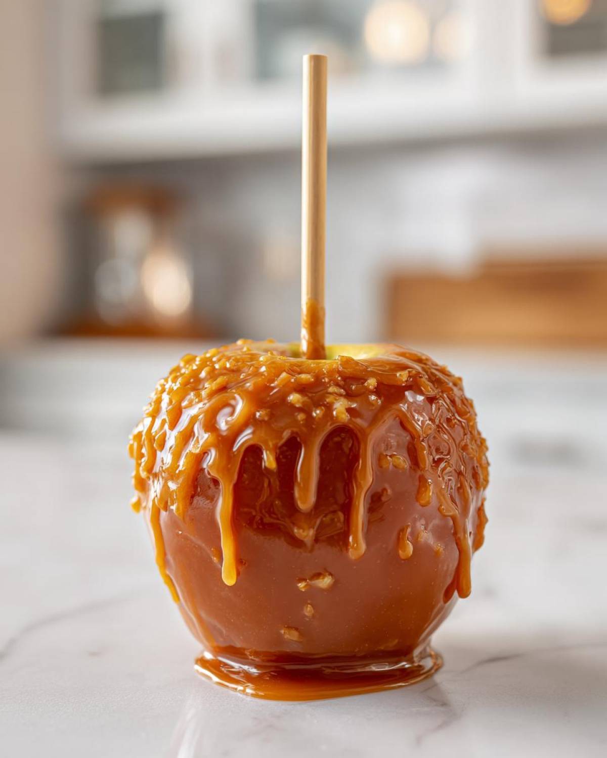 A close-up of a freshly made caramel apple, dripping with thick caramel and sprinkled with nuts, ready to eat.