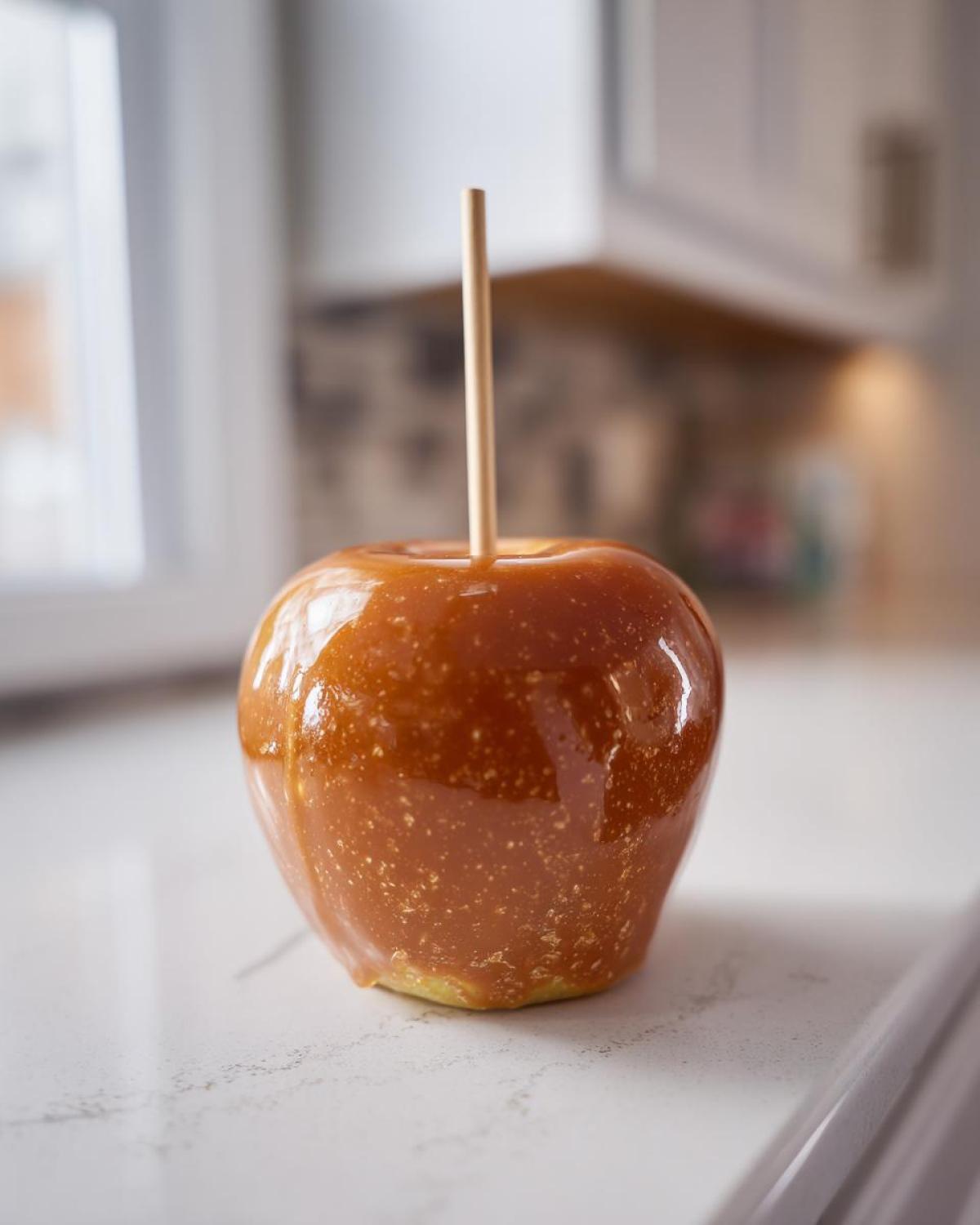 A single, glossy caramel apple with a wooden stick inserted, resting on a white countertop.