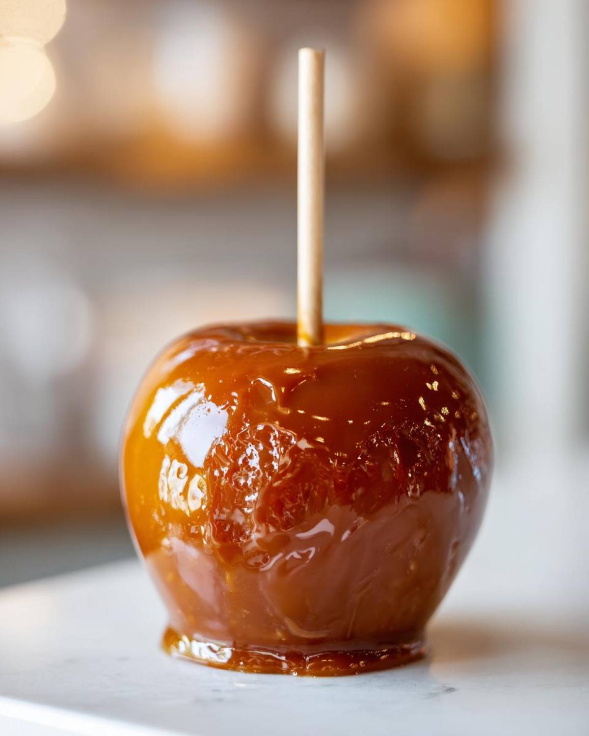 Close-up of a single, glossy caramel apple on a stick sitting on a white surface.