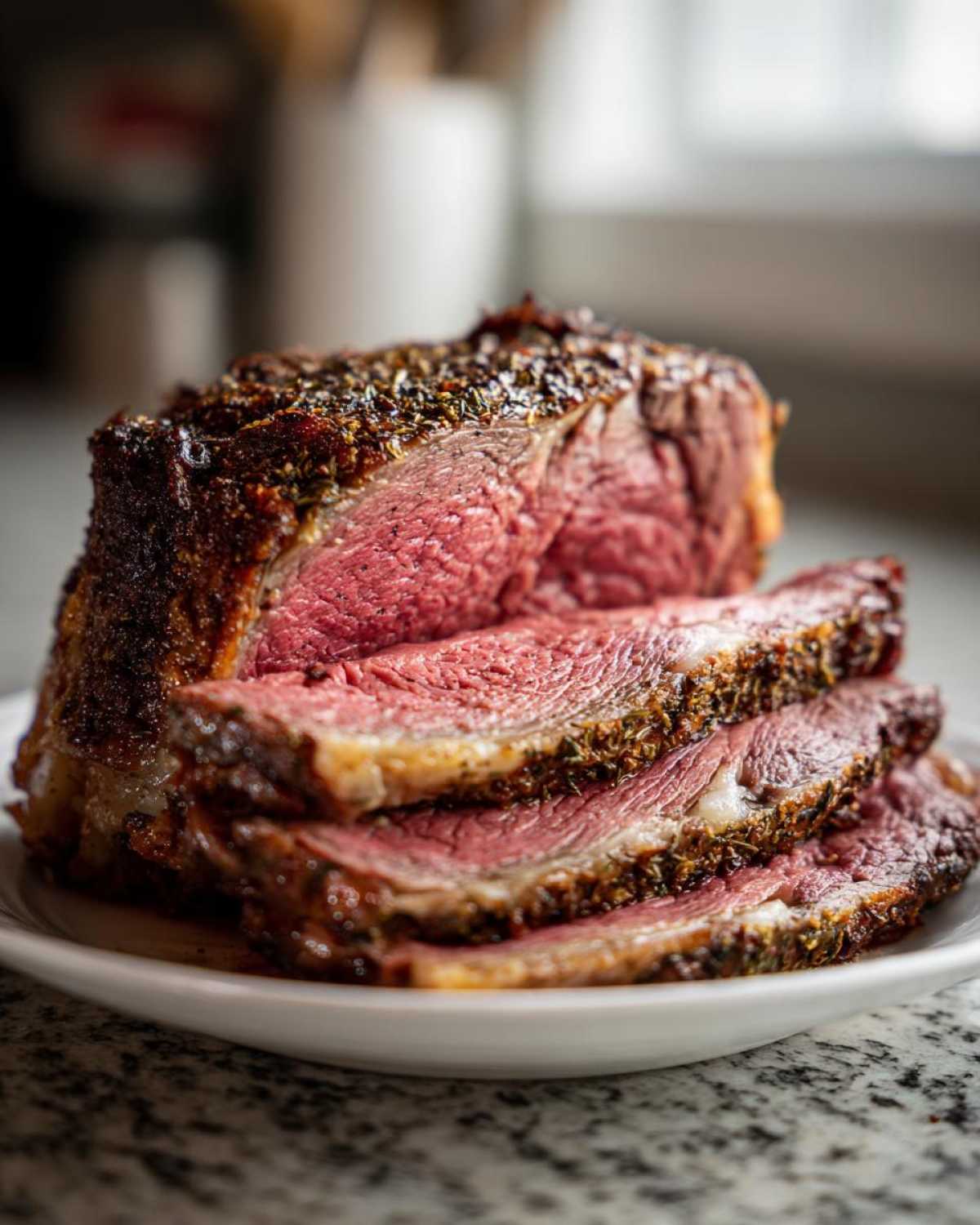 Close-up of a perfectly cooked prime rib recipe roast, sliced to show a medium-rare interior and herb crust.