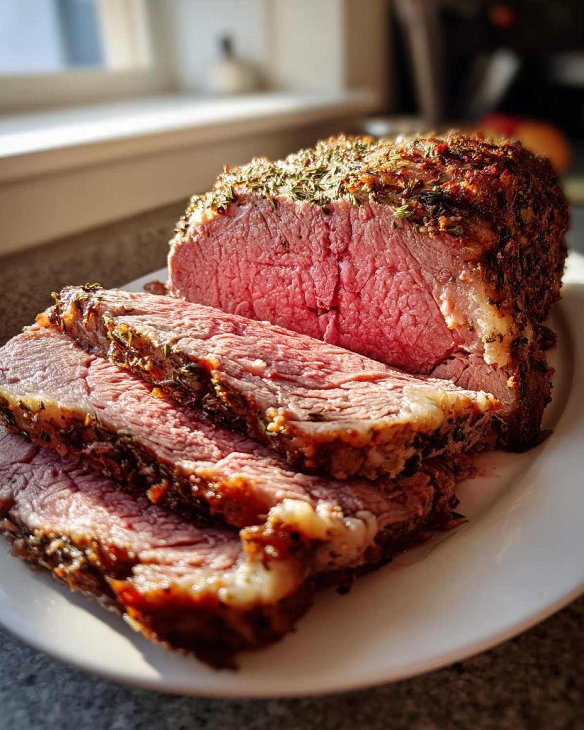 Close-up of a perfectly cooked prime rib recipe roast, sliced to show medium-rare center and herb crust.