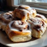 A stack of warm, gooey cinnamon roll pastries generously topped with dripping white icing, sitting on a white plate.