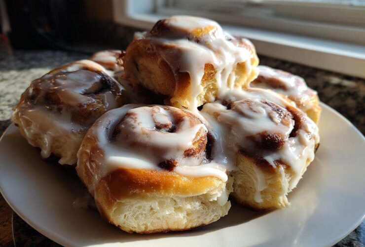 A stack of warm, gooey cinnamon roll pastries generously topped with dripping white icing, sitting on a white plate.