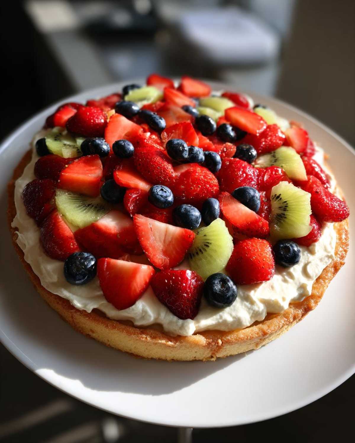 A vibrant fruit pizza sugar cookie topped with whipped cream, sliced strawberries, blueberries, and kiwi.