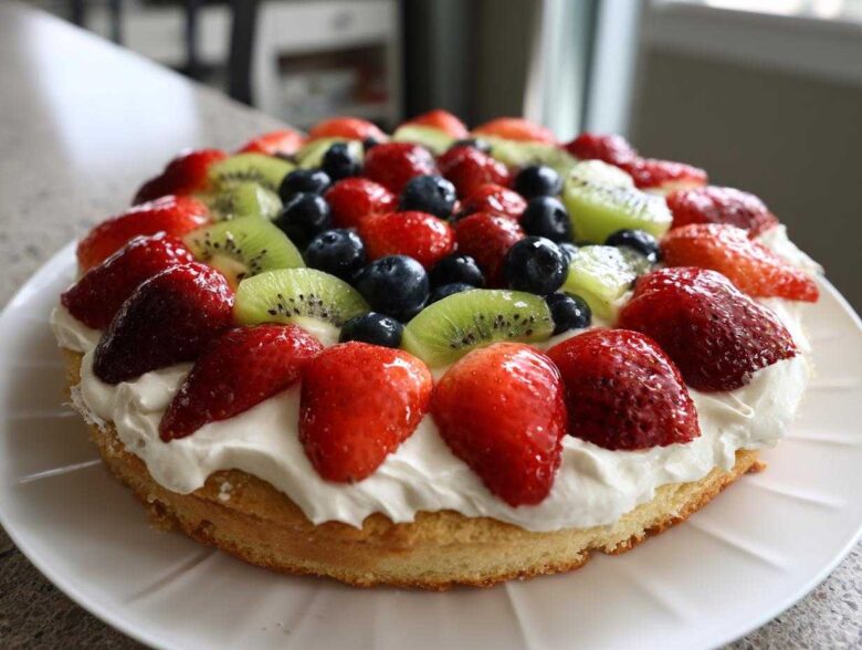 A beautifully decorated fruit pizza sugar cookie topped with whipped cream, strawberries, blueberries, and kiwi slices.