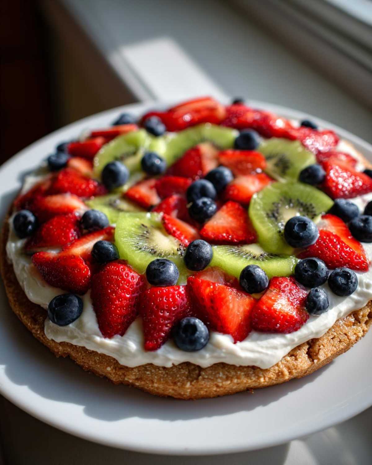 A vibrant fruit pizza sugar cookie topped with cream cheese frosting, sliced strawberries, kiwi, and blueberries.