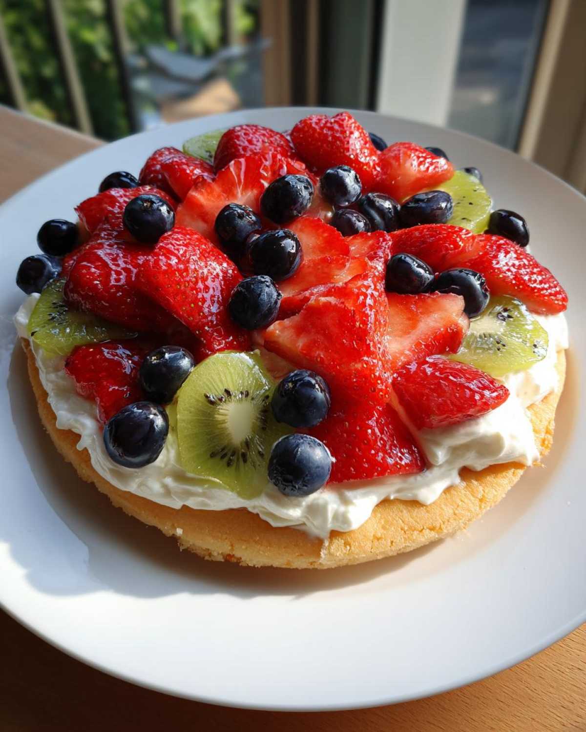 A vibrant fruit pizza sugar cookie topped with whipped cream, sliced strawberries, blueberries, and kiwi.
