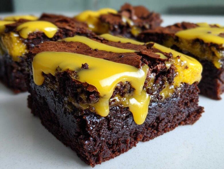 Close-up of a fudgy, dark chocolate Lemon Brownies square topped with a thick, bright yellow lemon glaze drizzle.
