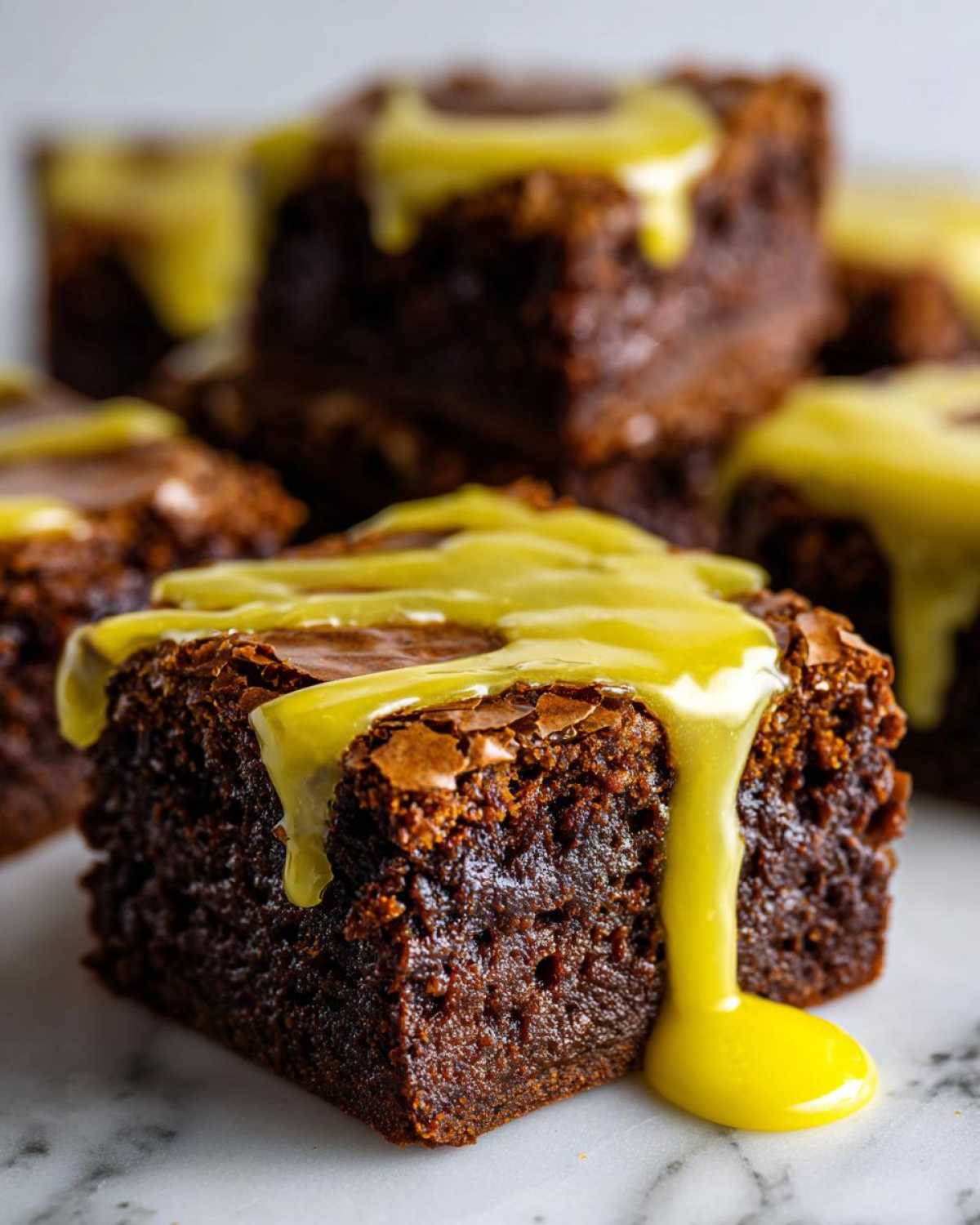 Close-up of a fudgy Lemon Brownies square topped with a thick, bright yellow lemon glaze dripping down the side.