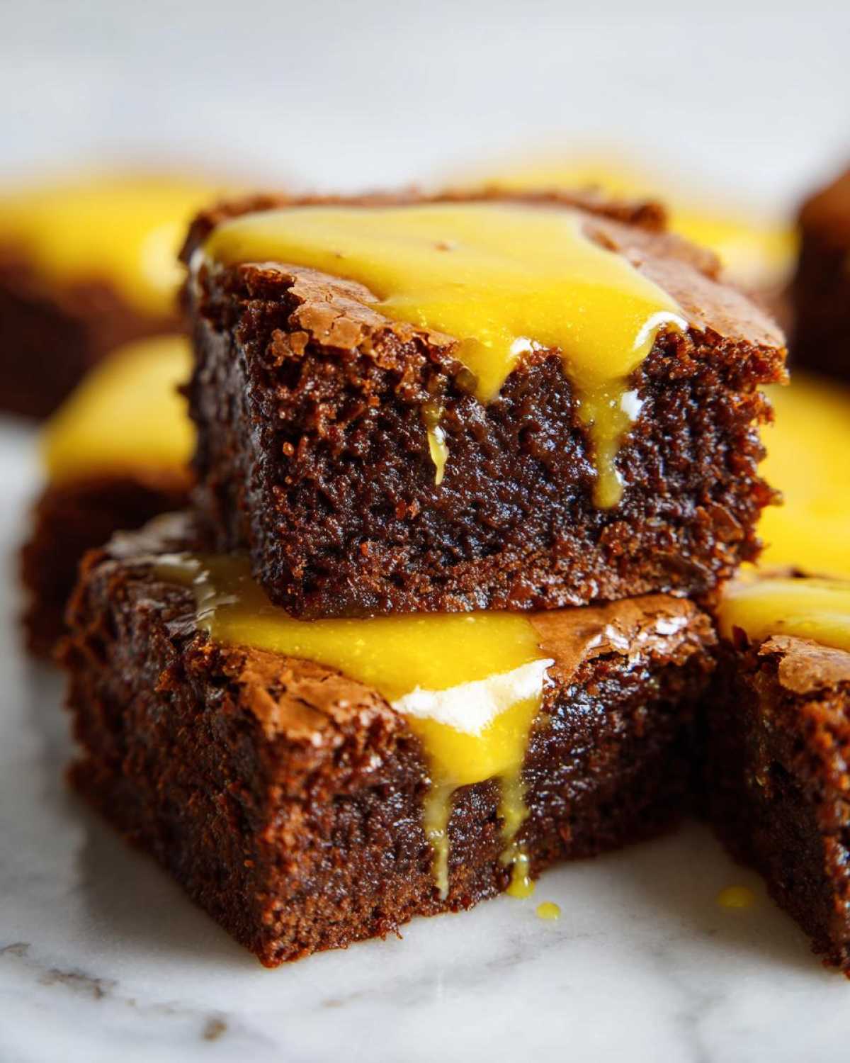 Close-up of stacked, fudgy Lemon Brownies topped with a thick, dripping bright yellow lemon glaze.