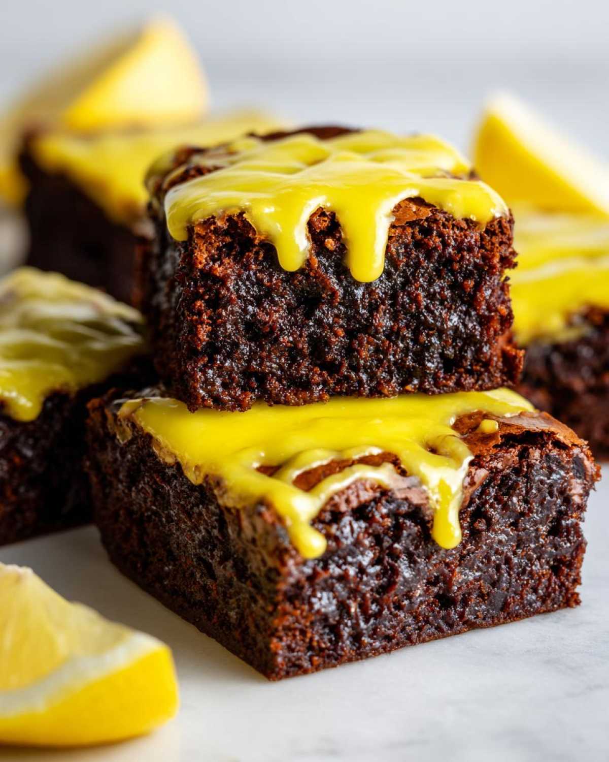 Close-up of fudgy Lemon Brownies stacked, topped with a vibrant yellow lemon glaze dripping down the sides.