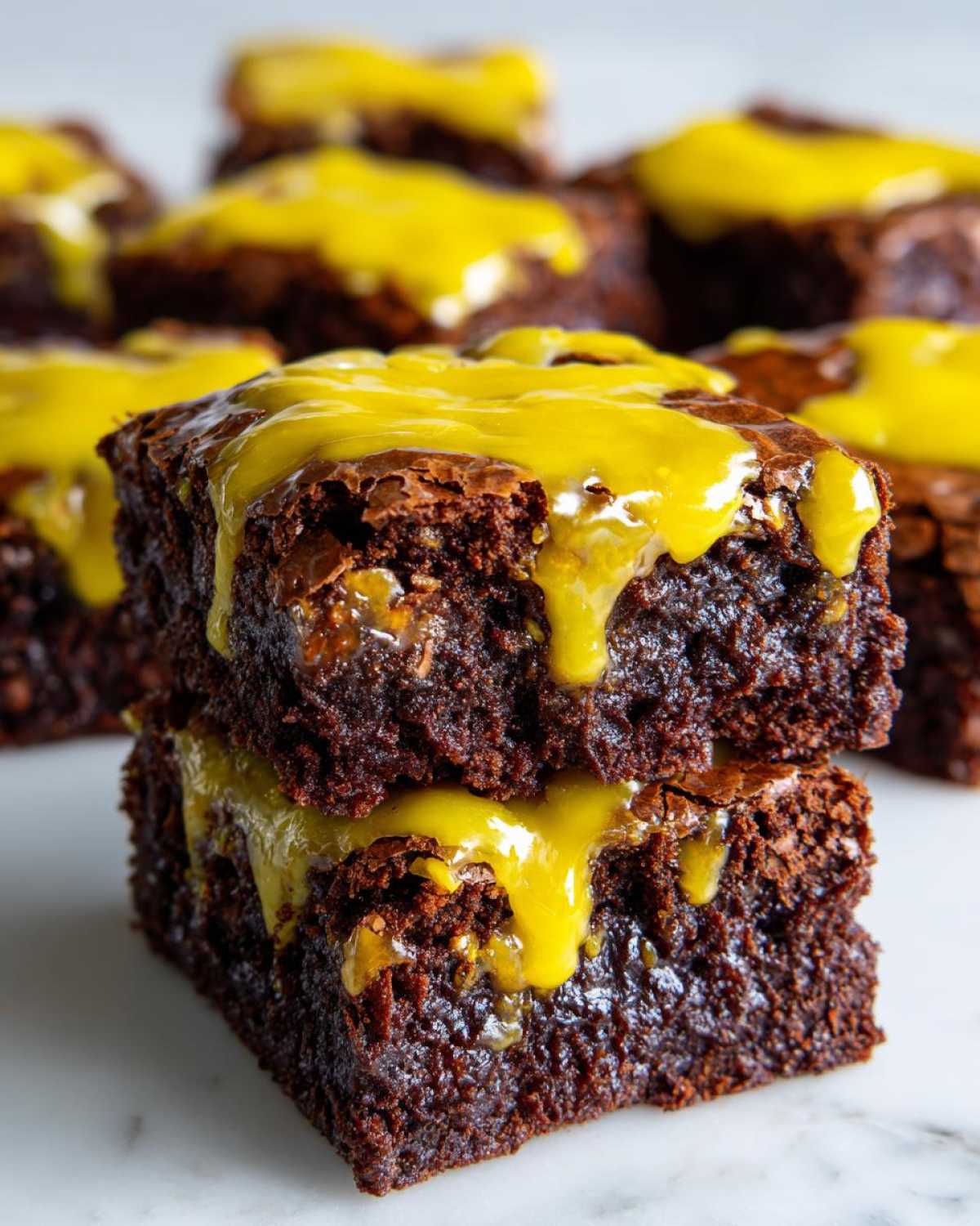 Two fudgy Lemon Brownies stacked, dripping with a bright yellow lemon glaze, with more brownies blurred in the background.