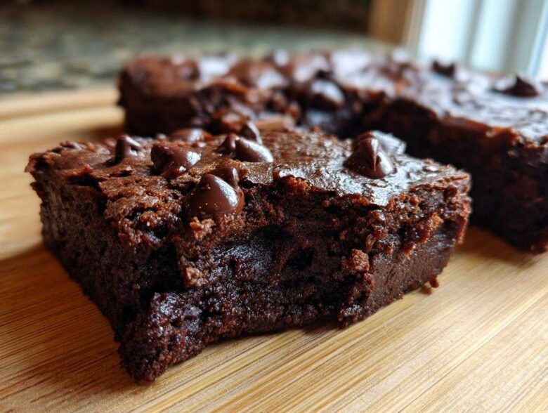 Close-up of a fudgy sweet potato brownies square topped with melted chocolate chips on a wooden board.