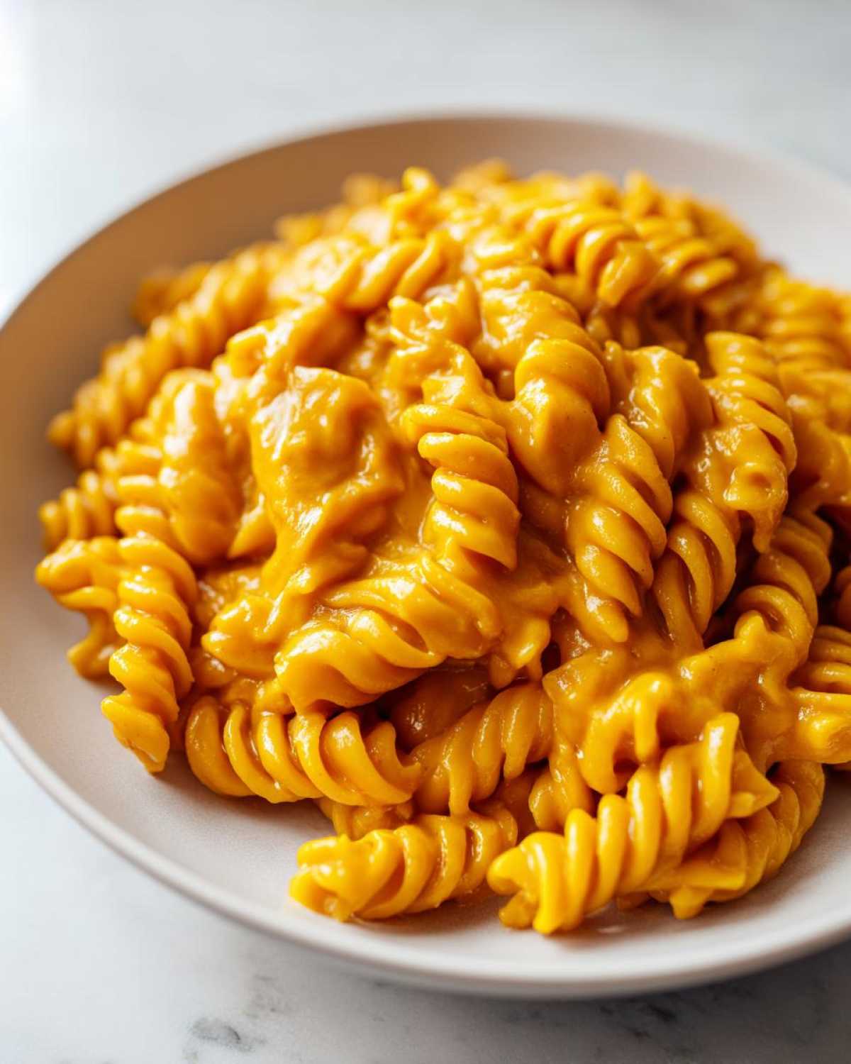 Close-up of fusilli pasta coated thickly in a vibrant orange butternut squash pasta sauce in a light bowl.