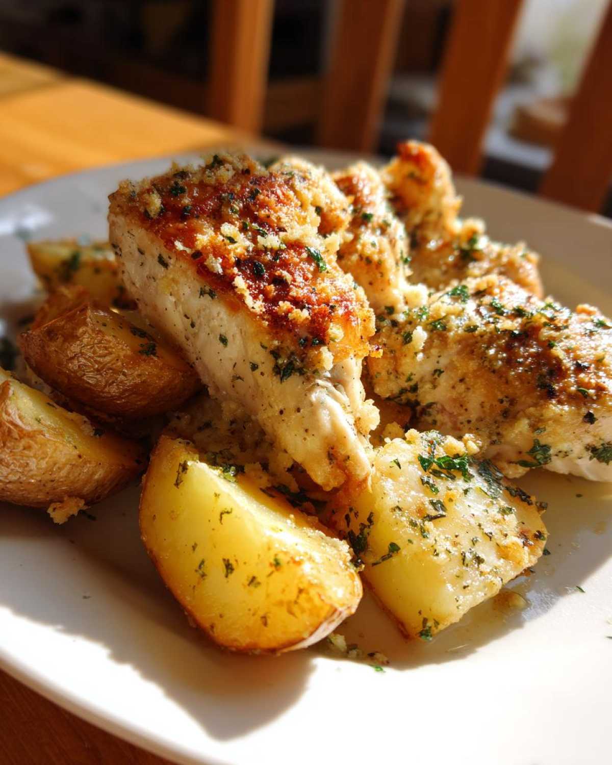 Close-up of juicy garlic parmesan chicken and potatoes, topped with golden breadcrumbs and parsley.