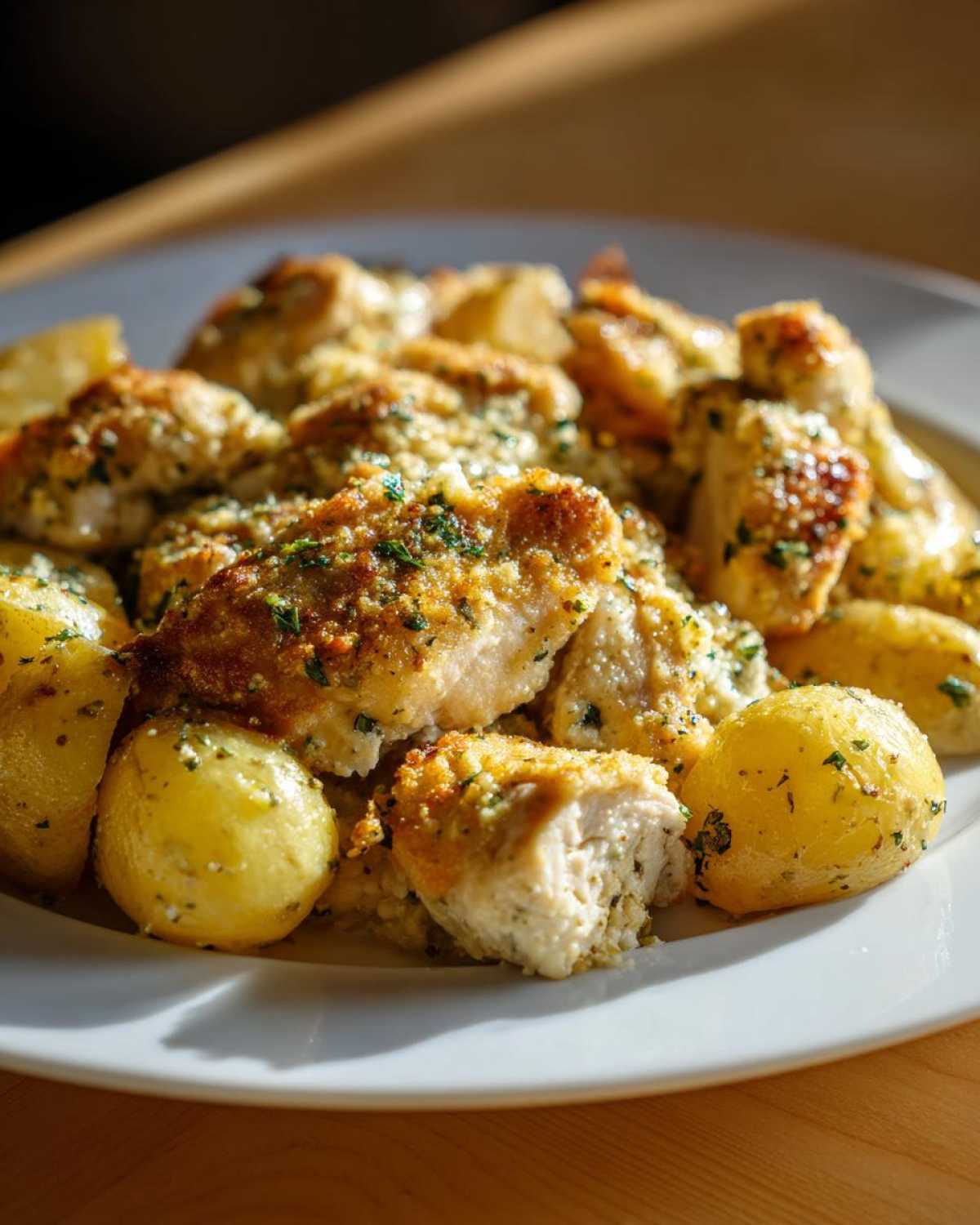 Close-up of golden, crusted garlic parmesan chicken and potatoes served on a white plate.