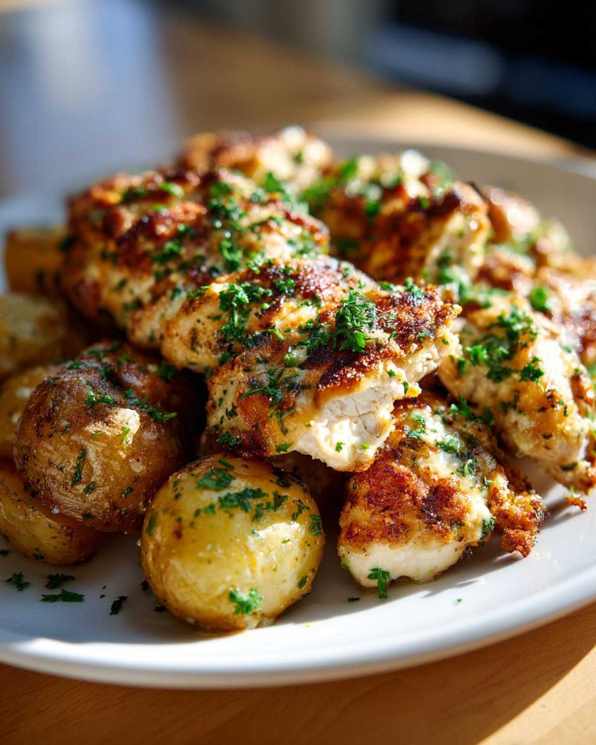 Close-up of golden brown garlic parmesan chicken and potatoes garnished with parsley.