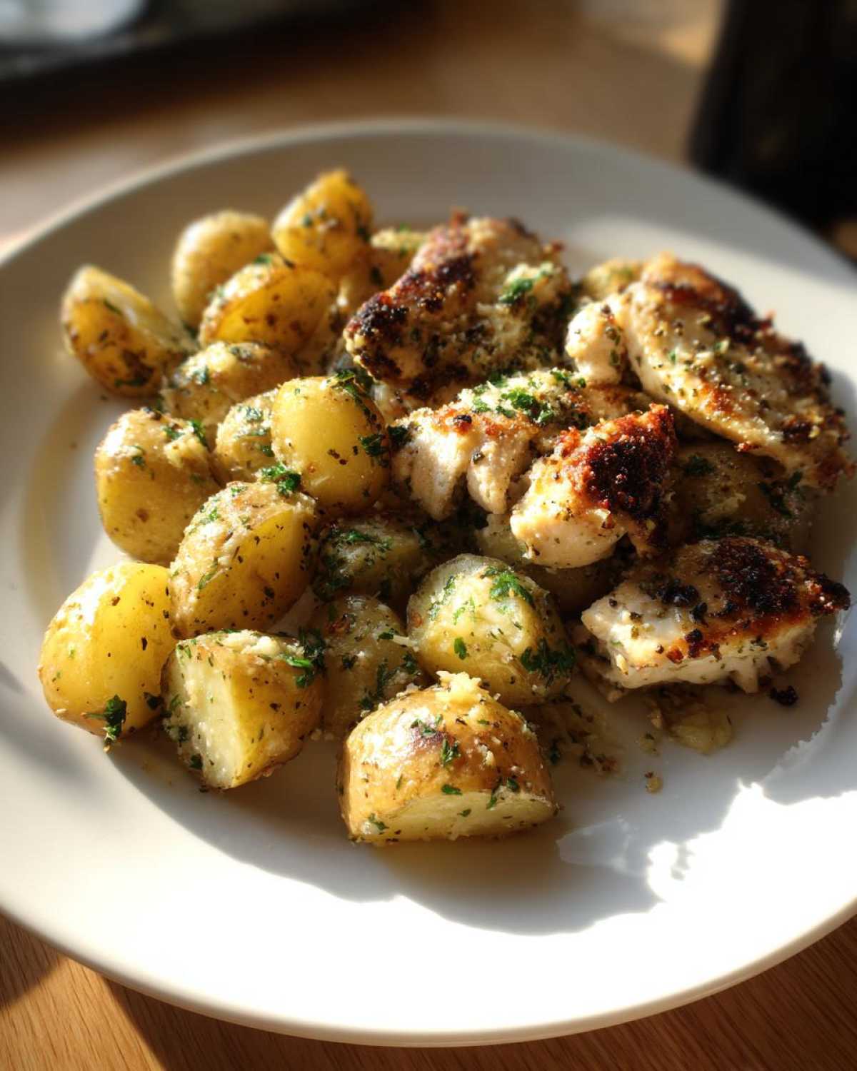 Close-up of golden brown garlic parmesan chicken and potatoes garnished with parsley on a white plate.