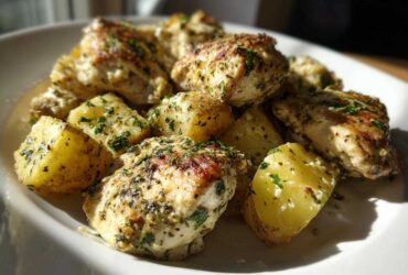 Close-up of juicy garlic parmesan chicken and potatoes seasoned with herbs on a white plate.