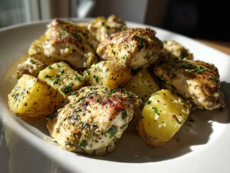 Close-up of juicy garlic parmesan chicken and potatoes seasoned with herbs on a white plate.