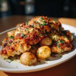 Platter of golden brown garlic parmesan chicken and potatoes topped with fresh parsley.