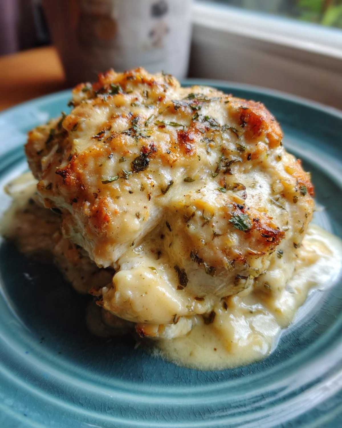 A close-up of baked chicken breasts smothered in a creamy garlic parmesan sauce and sprinkled with herbs, representing the Garlic parmesan chicken bake.