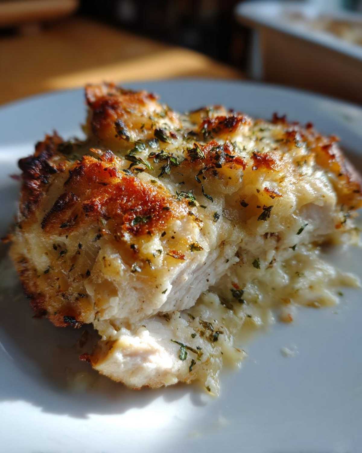 Close-up of a serving of Garlic parmesan chicken bake, showing juicy white meat and a golden, cheesy, herb-topped crust.