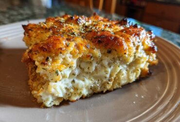 Close-up of a golden-brown slice of Garlic parmesan chicken bake with a creamy, cheesy interior.