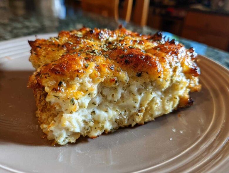 Close-up of a golden-brown slice of Garlic parmesan chicken bake with a creamy, cheesy interior.