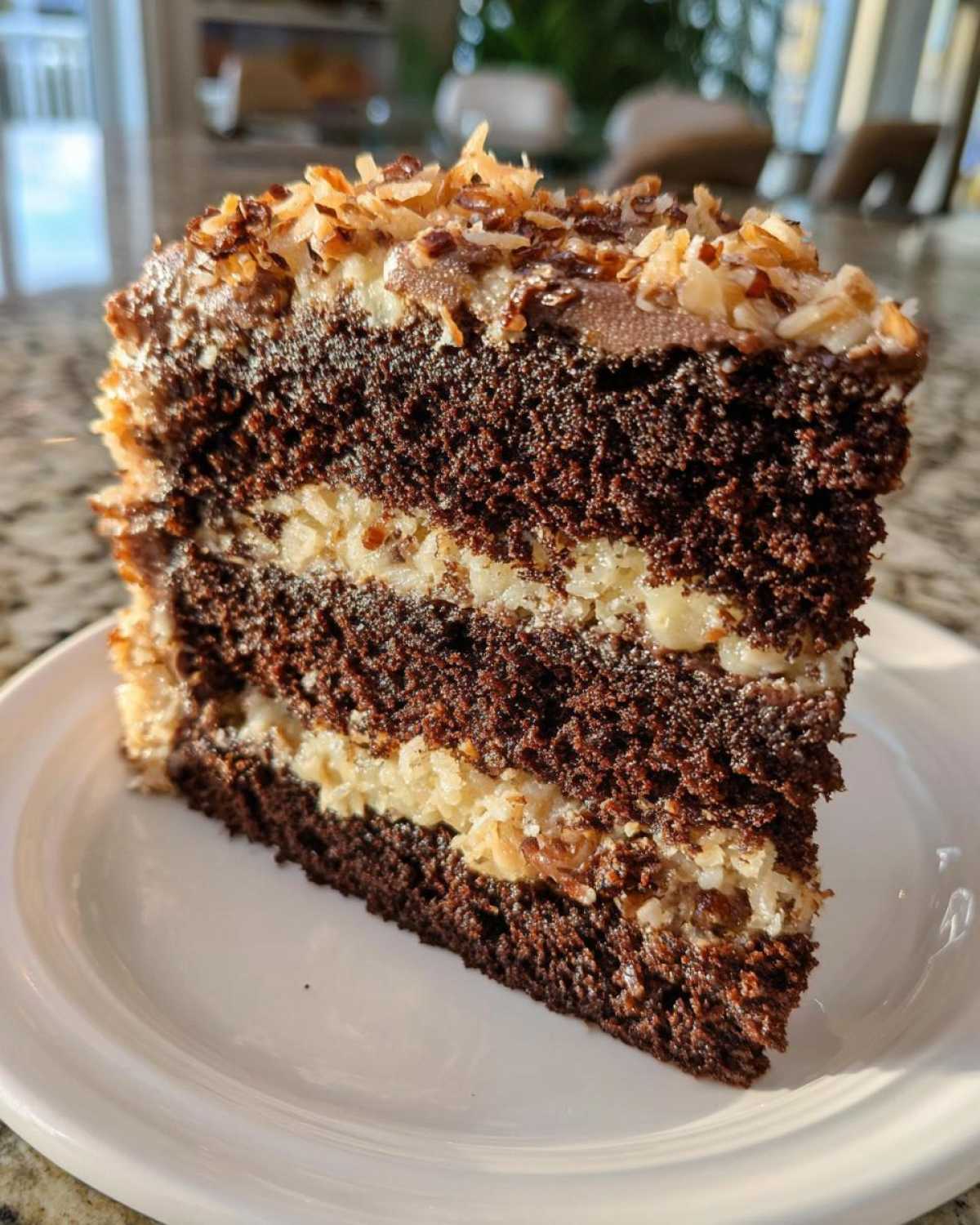 A tall slice of rich, dark german chocolate cake layered with coconut pecan frosting.