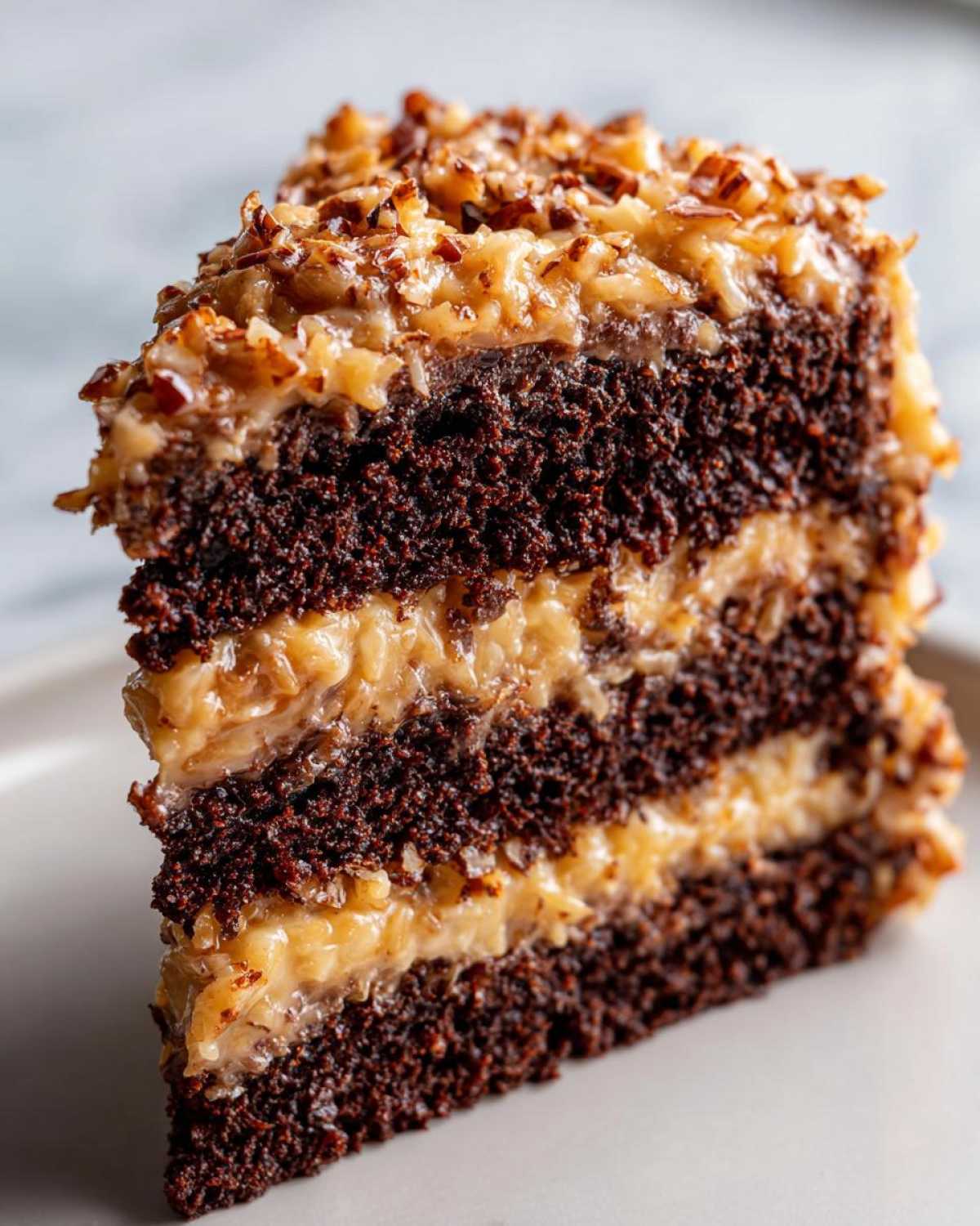 Close-up of a rich slice of german chocolate cake showing multiple dark chocolate layers and coconut-pecan frosting.