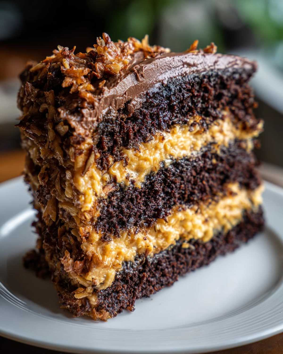 Close-up of a rich slice of german chocolate cake recipe with dark layers and coconut-pecan frosting.