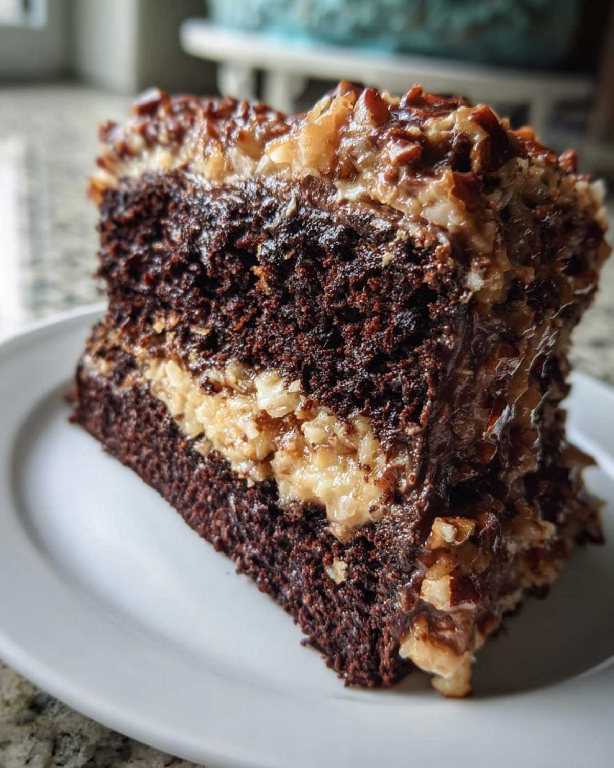 Close-up of a rich, moist slice of german chocolate cake showing dark layers and coconut-pecan frosting.