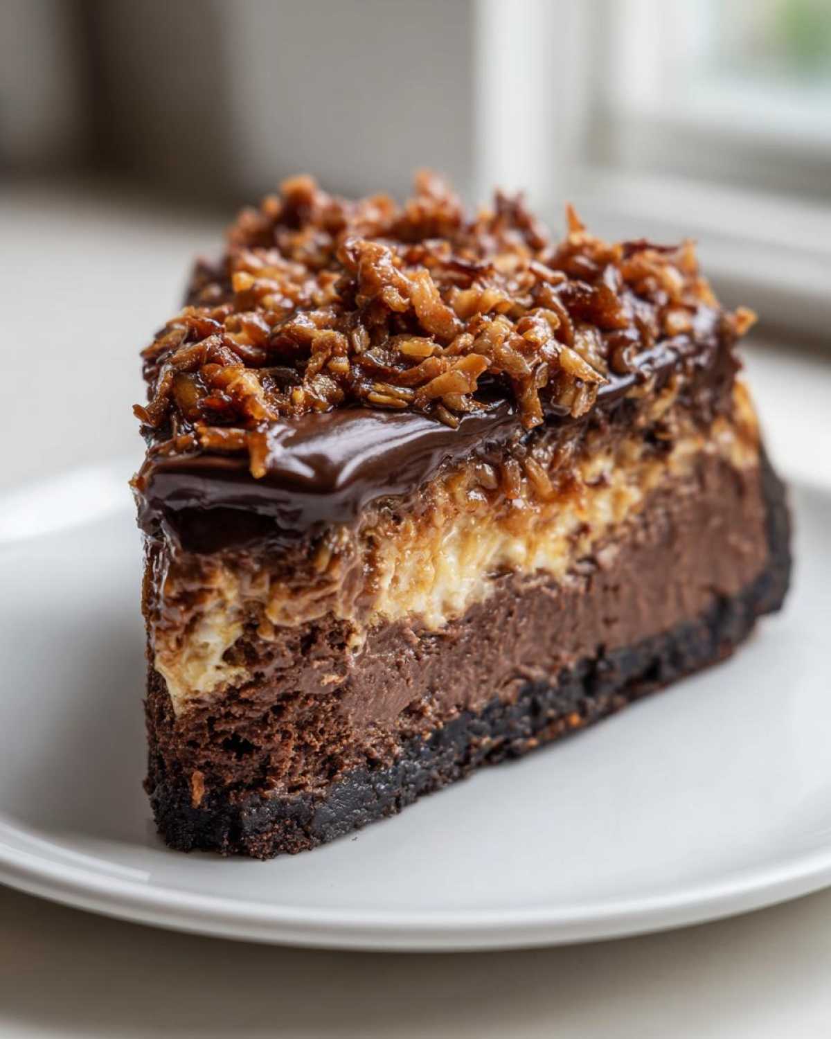 A rich slice of German chocolate cheesecake with a dark crust, chocolate layers, and coconut pecan topping.