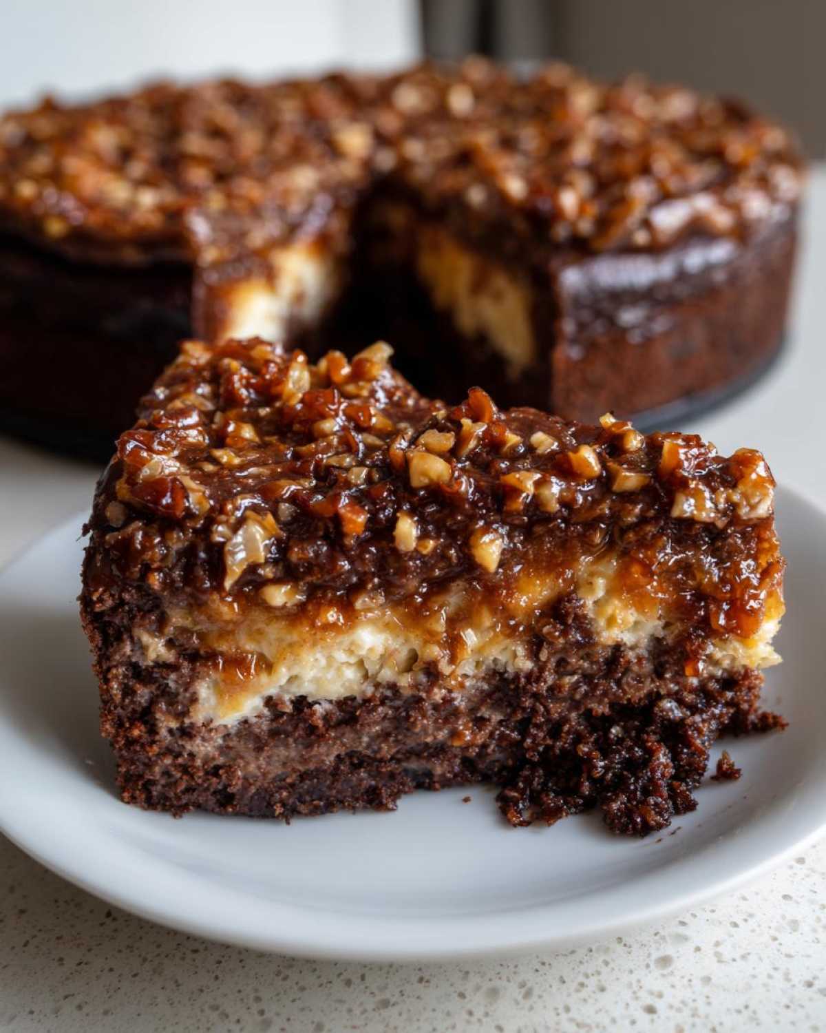 A close-up slice of rich German chocolate cheesecake with a thick pecan topping, set against the whole cake.