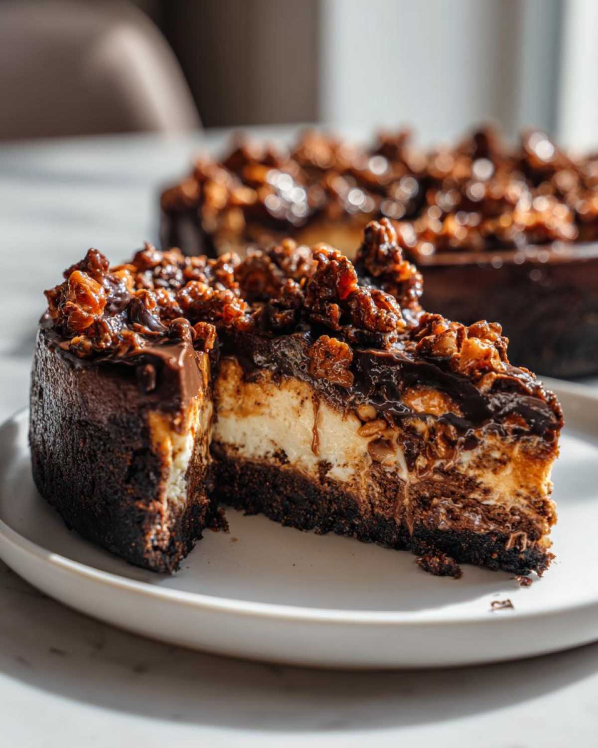 A rich slice of German chocolate cheesecake with a dark crust, creamy filling, and pecan coconut topping.