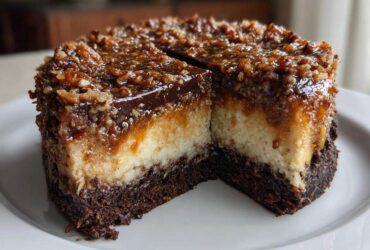 A slice cut from a rich German chocolate cheesecake showing its layers: dark crust, creamy filling, and pecan topping.