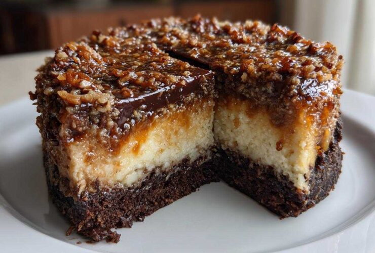 A slice cut from a rich German chocolate cheesecake showing its layers: dark crust, creamy filling, and pecan topping.