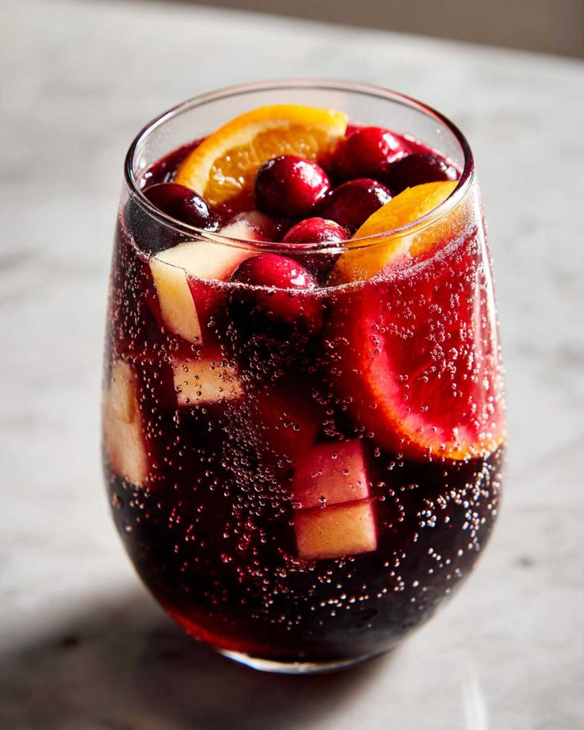 Close-up of a glass filled with bubbling, dark red holiday sangria, garnished with cranberries, orange slices, and apple chunks.
