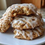 A stack of delicious apple pie cookies drizzled with white icing, one cookie on top has a bite taken out.