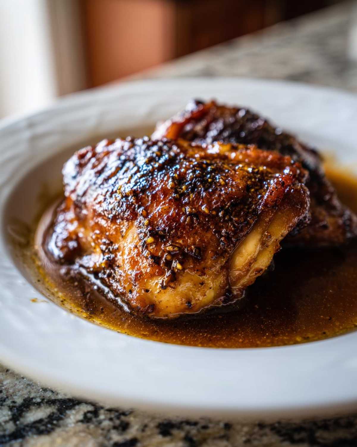 Close-up of two perfectly glazed and seasoned braised chicken thighs resting in rich brown sauce on a white plate.