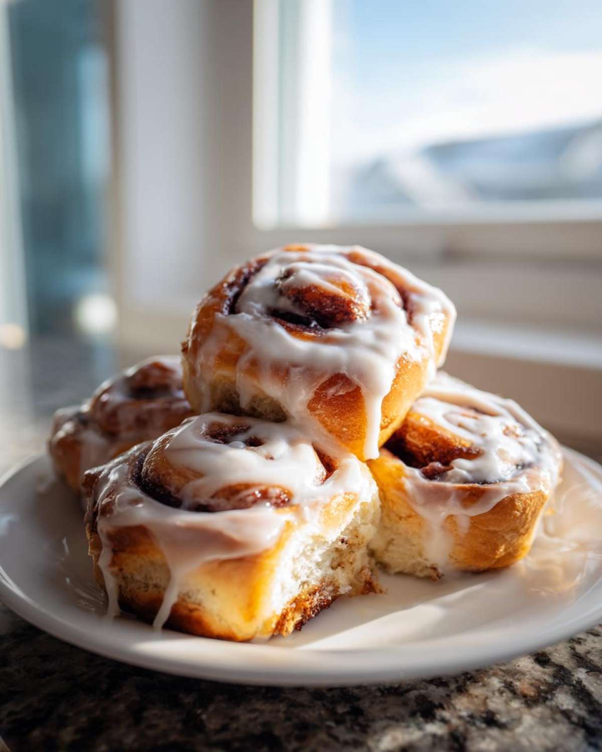 A stack of four freshly baked, gooey cinnamon rolls topped with thick white icing, sitting on a white plate.